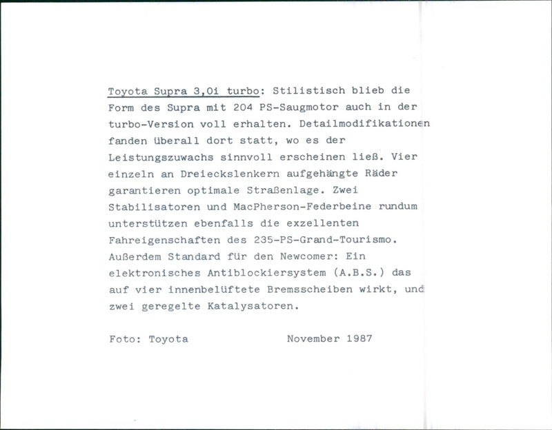 1987 Toyota Supra - Vintage Photograph