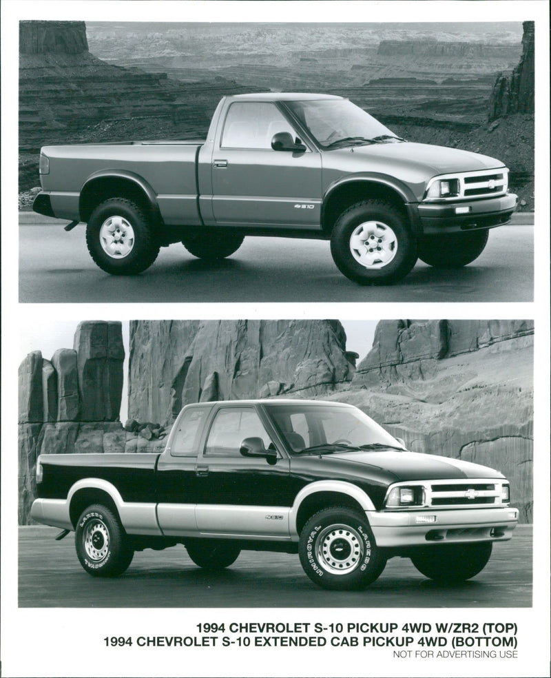 1994 Chevrolet S-10 Pickup 4WD W/ZR2 (top) and 1994 Chevrolet S-10 Extended Cab Pickup 4WD (bottom) - Vintage Photograph