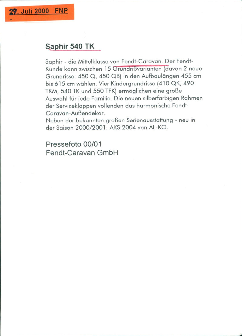 Fendt Saphir 540 TK caravan - Vintage Photograph