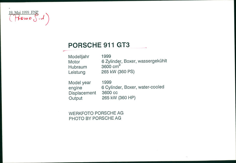Porsche 911 GT3, model year 1999 - Vintage Photograph