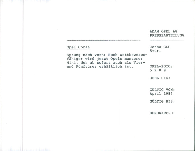 GG CC 516
ADAM OPEL AG PRESSEABTEILUNG Opel GLS 5 tur . Sprung nach - Vintage Photograph