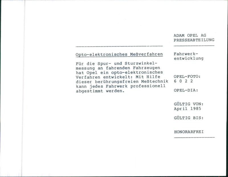 GG - CU 980
ADAM OPEL AG PRESSEABTEILUNG Opto - elektronisches Meverfahren Fahr - Vintage Photograph