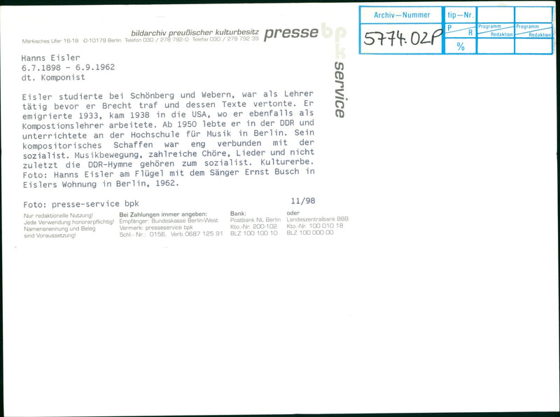 Hanns Eisler with singer Ernst Busch - Vintage Photograph