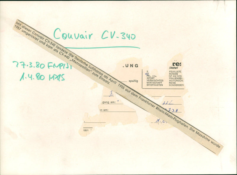 1980 PASS CONVAIR DEUTSCHE LUFTHANSA CLAIMED FRANKFURT - Vintage Photograph