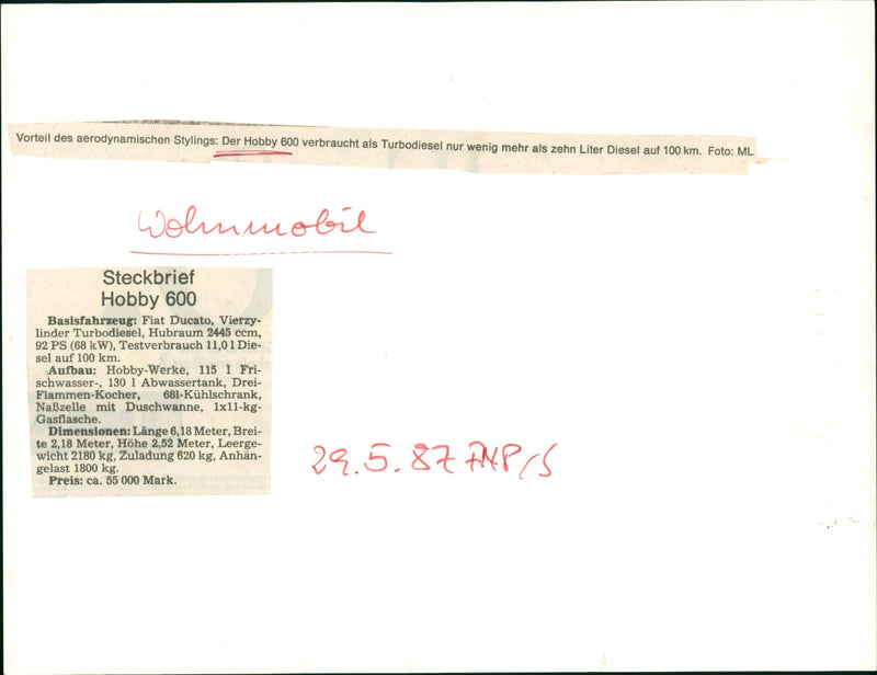 Wohnmobil Hobby 600 - Vintage Photograph