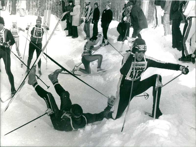 Vasaloppet 1980. Some of the skiers have problems with a snowdrift - Vintage Photograph