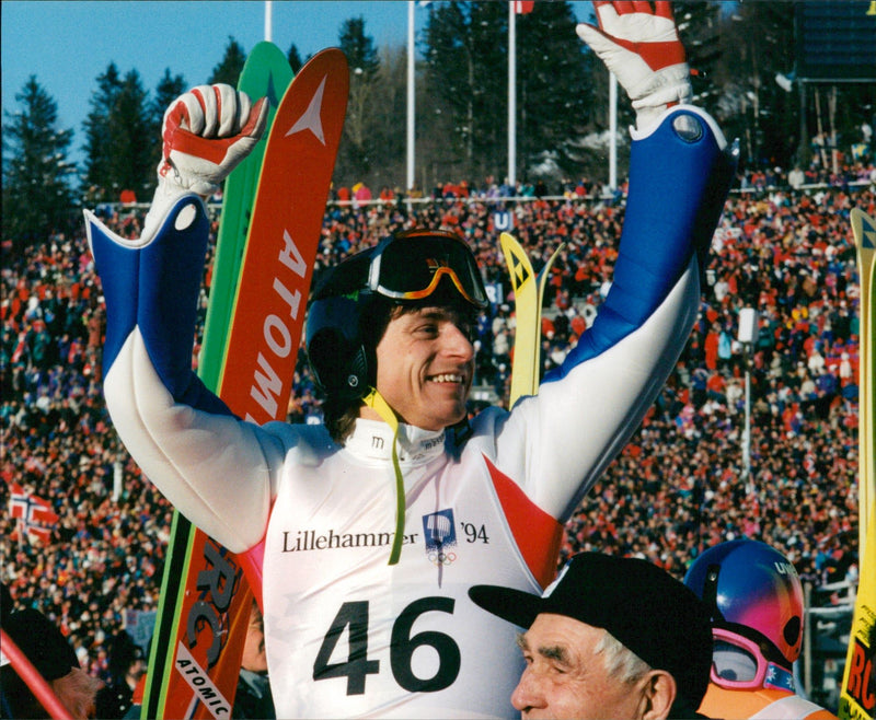 Olympics in Lillehammer. Espen Bredensen cheers after the gold jump - Vintage Photograph