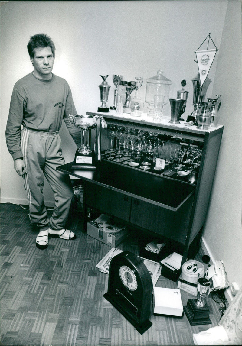 Jan Boklöv at the trophy shelf - Vintage Photograph