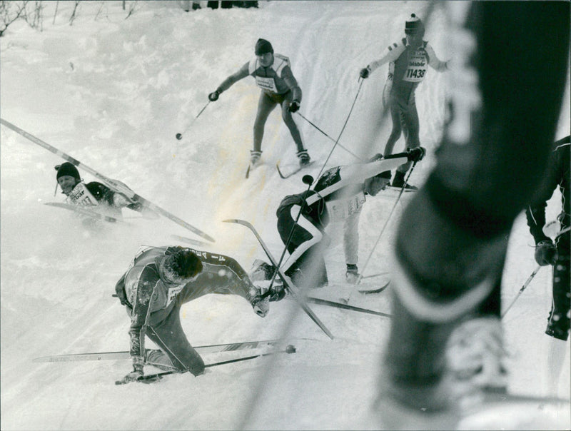 Several skiers fall over on the track in the Vasaloppet 1984 - Vintage Photograph