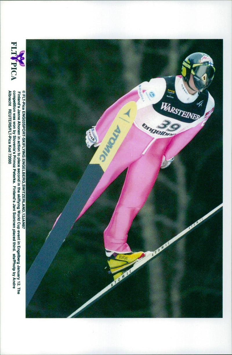 Finland's Janne Ahonen takes second place in the Skiflying World Cup in Engelberg - Vintage Photograph