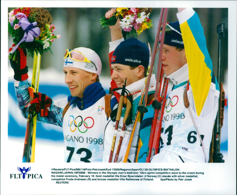 Ole Einar Bjørndalen took Olympic gold in the 10 km sprint, Frode Andresen took silver and Ville Räikkönen took bronze - Vintage Photograph