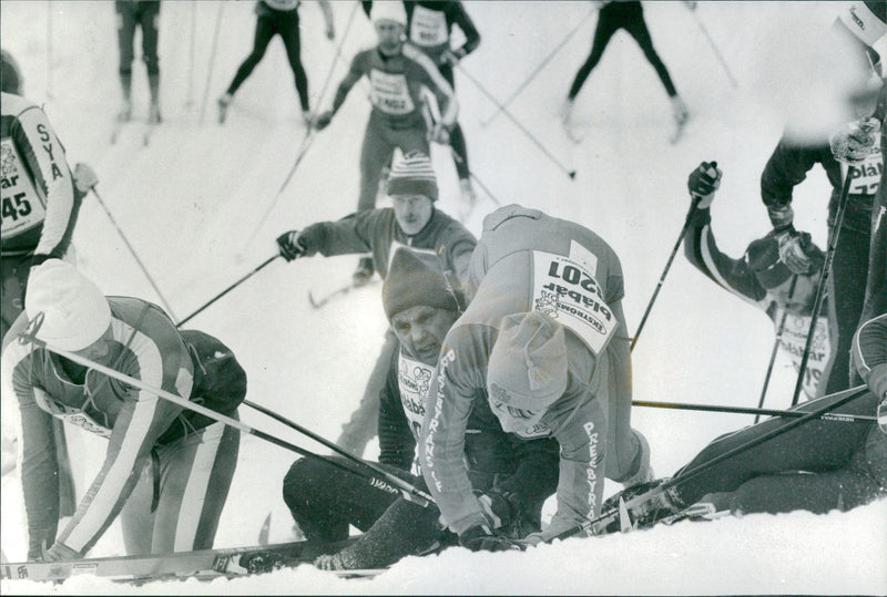 Here, several Vasaloppet skiers fall over on the steep hill by Risberg's mountain huts. Next up is Sven-Gunnar Engvall (8201) - Vintage Photograph