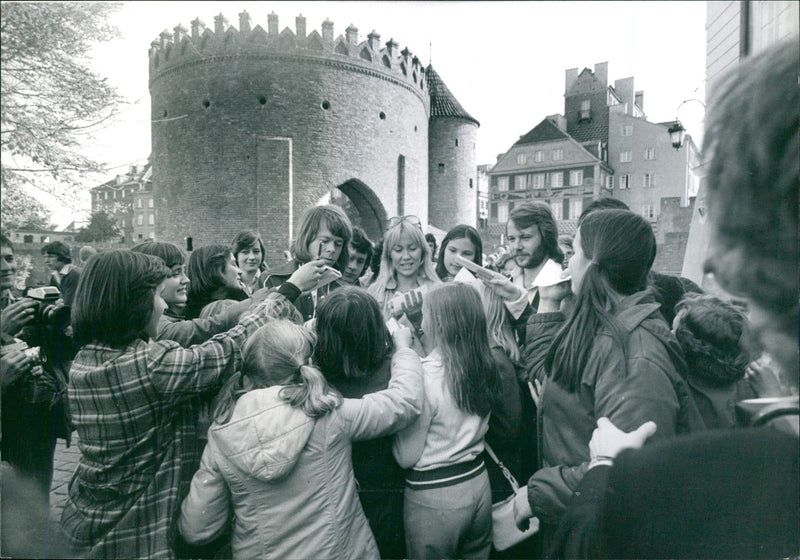 Abba signs autographs for school children in Poland - Vintage Photograph