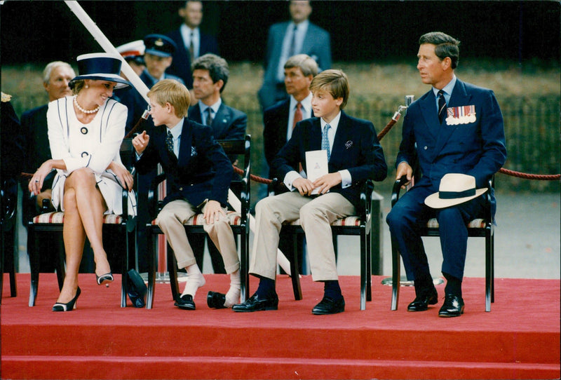 Princess Diana and Prince Charles with their sons William and Harry attend the 50th anniversary of V-J Day - Vintage Photograph