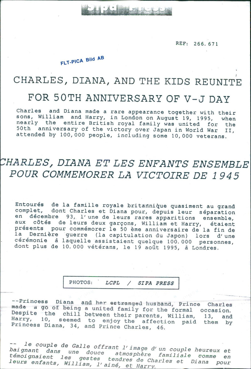 Princess Diana and Prince Charles with their sons William and Harry attend the 50th anniversary of V-J Day - Vintage Photograph