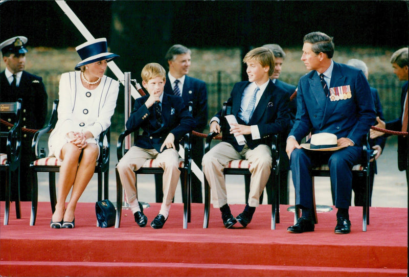 Princess Diana and Prince Charles with their sons William and Harry attend the 50th anniversary of V-J Day - Vintage Photograph