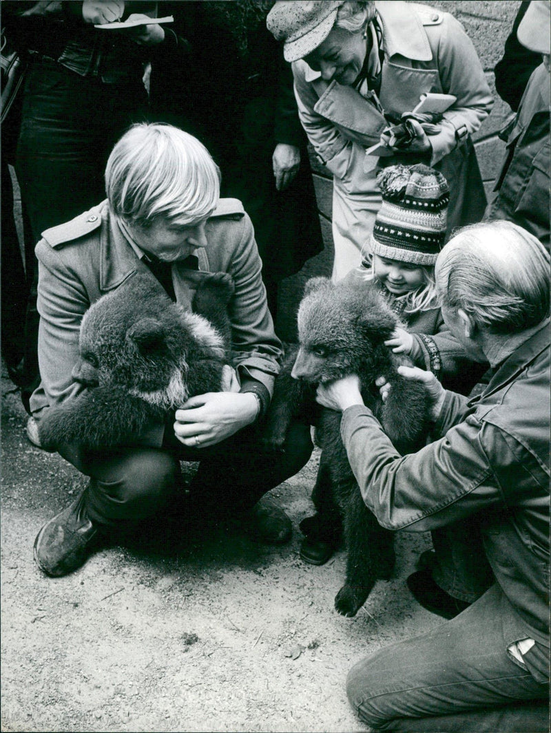 Animal keeper Anders Wiklund with two bear cubs - Vintage Photograph