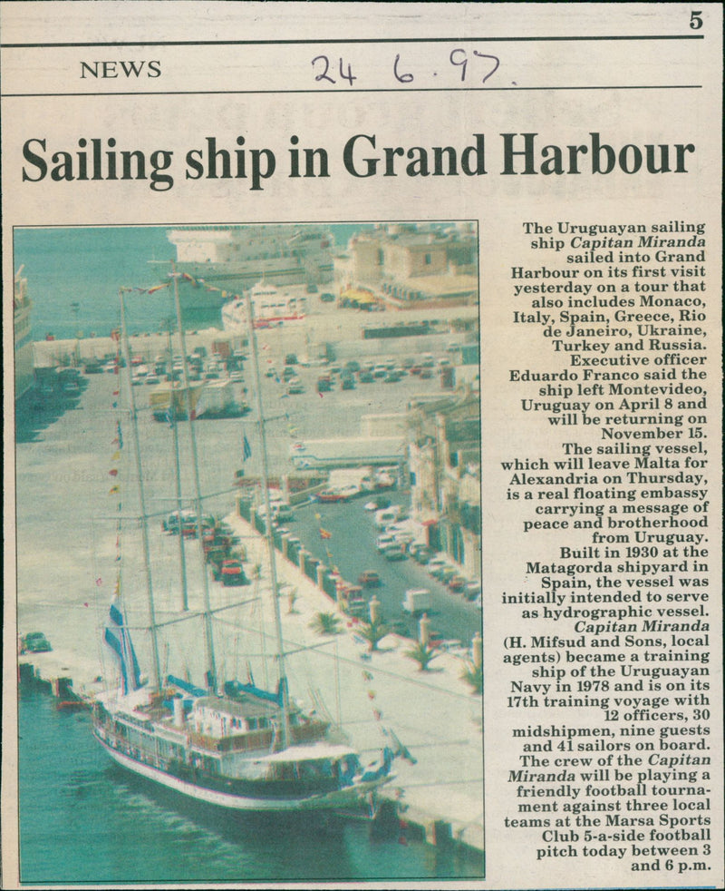 Sailing Ship in Grand Harbour - Vintage Photograph