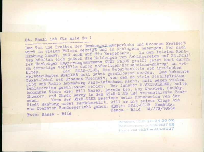 AMBURG PAULI ANSA THEATER MACADAM OPEN CHARLES BEATLES FILM - Vintage Photograph
