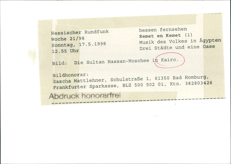 1998 HESSISCHER RUNDFUNK WEEK HESSEN REMET KEMET MUSIC SULTAN - Vintage Photograph