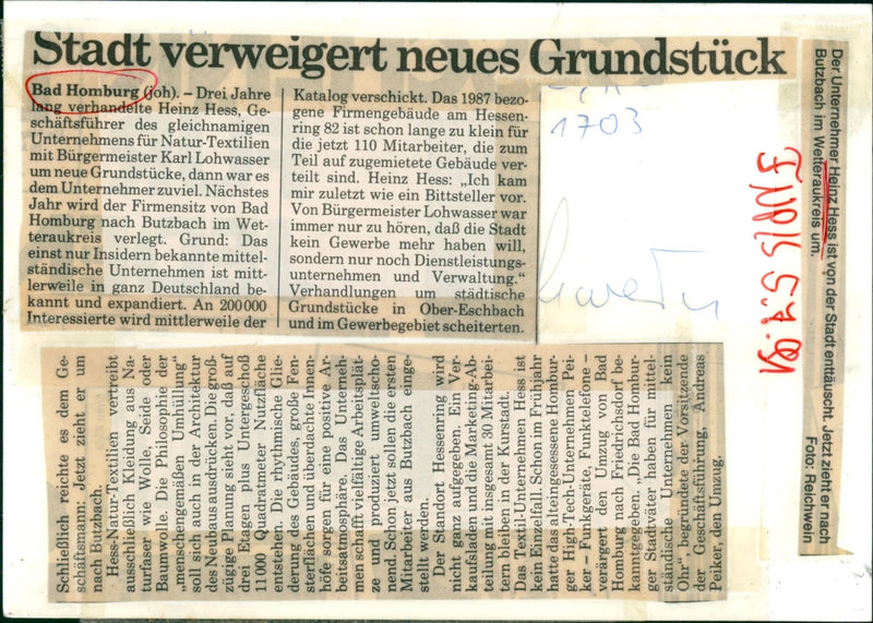 1987 MBURG HESS NATURE TEXTILES DISTRIBUTES EXCLUSIVELY CLOTHING NATURAL - Vintage Photograph