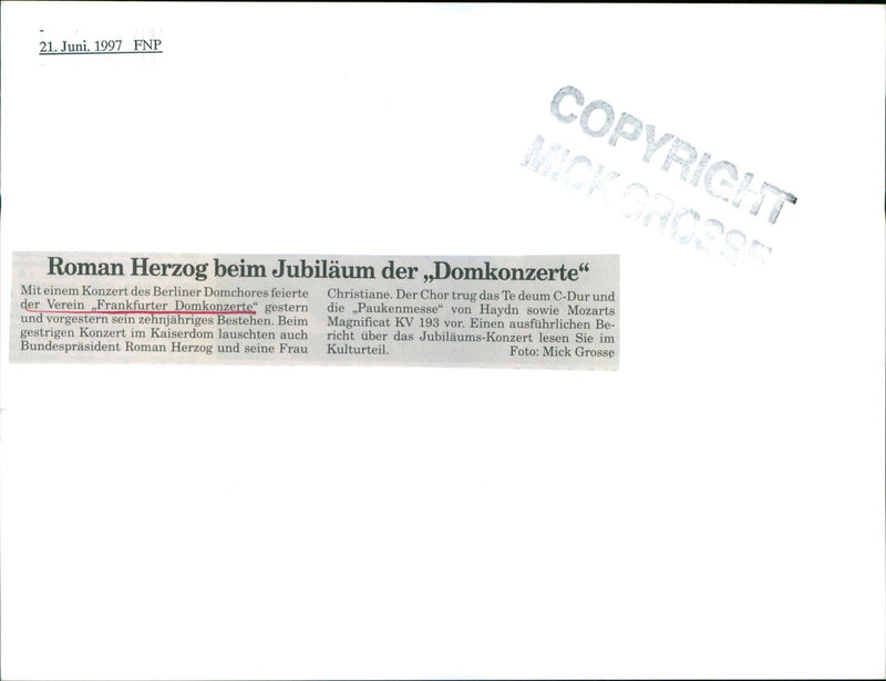1997 FFEN KIRCHL CELEBRATIONS LEARN FRANKFURTER DOM CONCERTS CELEBRATES TEN MICK - Vintage Photograph