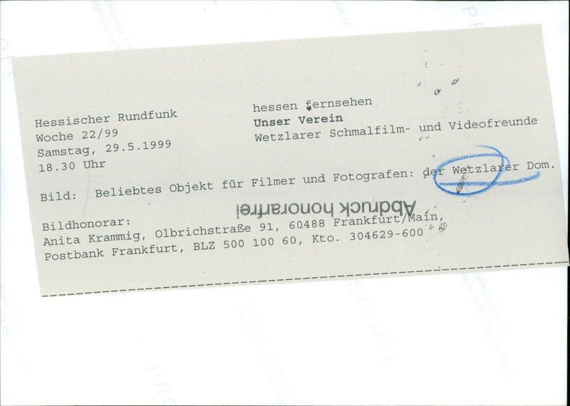 1999 WETZLAR HESSEN TELEVISION OUR ASSOCIATION WETZLARER NARROW FILM AND VIDEOFRE - Vintage Photograph