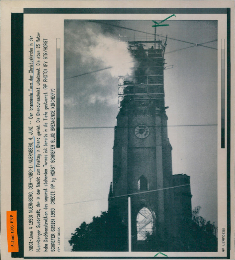 1993 FIRE BURNING TOWER CHRISTS CHURCH NUERNBERGS SVE - Vintage Photograph