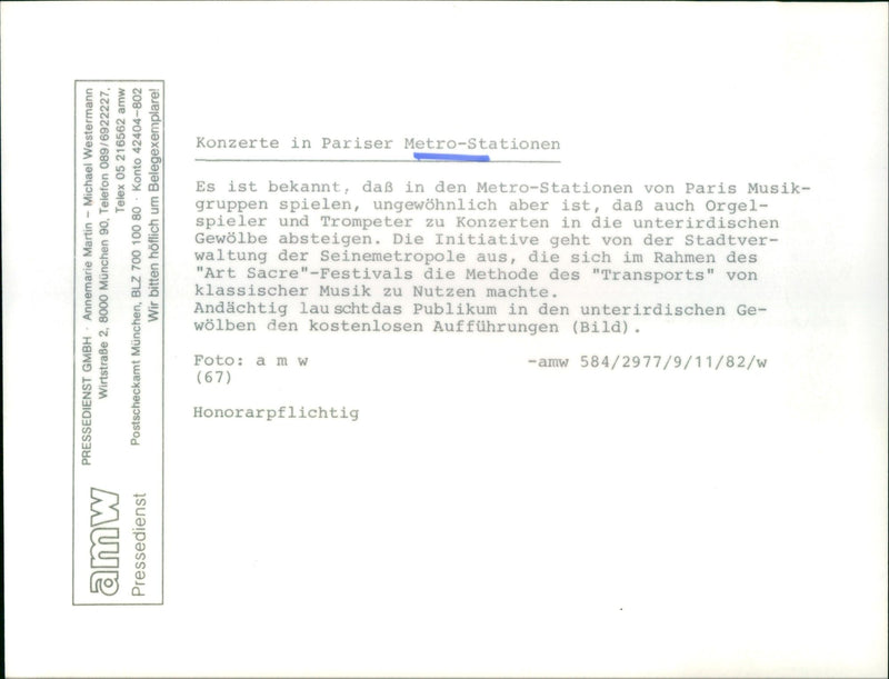 METIO CONCERTS PARIS METRO STATIONS TELEX AMW PRESSEDIENST GMBH MICHAEL - Vintage Photograph