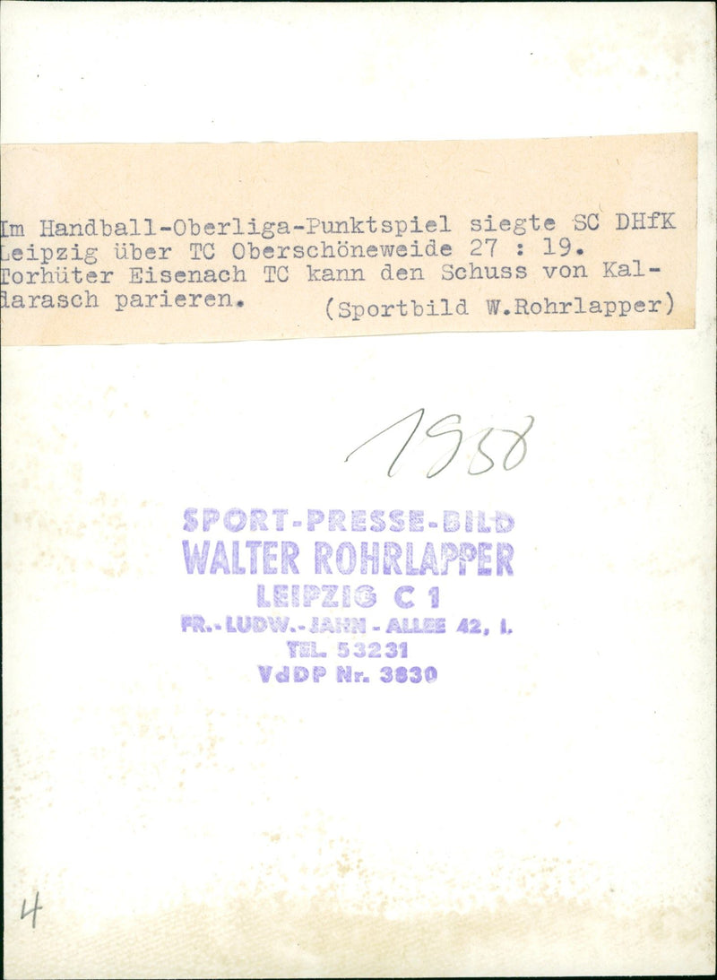 Handball-Oberliga-Punktspiel SC DHfK Leipzig-TC Oberschöneweide 1958 - Vintage Photograph