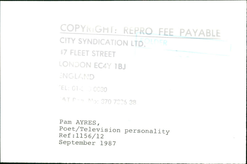 1987 - AYRES PAM POP POET FEE REPRO COPYRIGHT PAYABLE EC4Y, LONDON - Vintage Photograph