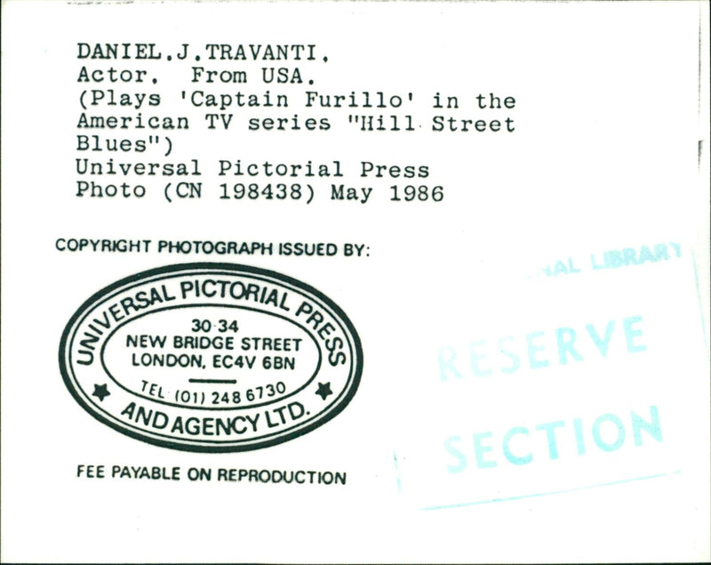 1986 - TRAVANT DANIEL ACTOR TRAVANTI, LONDON, AMERICAN - Vintage Photograph