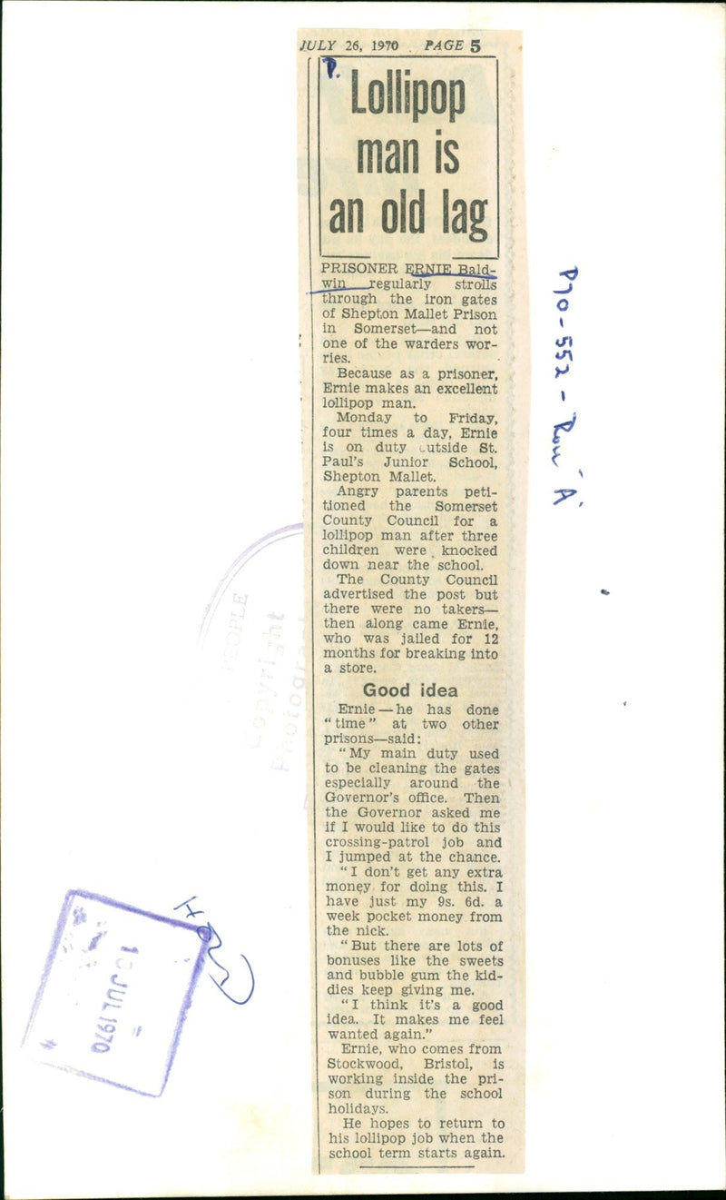 1970 - BALDWIN ERNE CONVICT LOLLIPOP MAN PAGE JULY, ALONG, FILM - Vintage Photograph