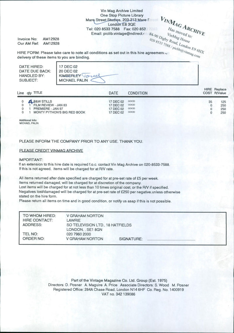 1975 - PALIN MICHAEL POSNER TEL 3QE 284A E9 E8, LONDON, FILM - Vintage Photograph