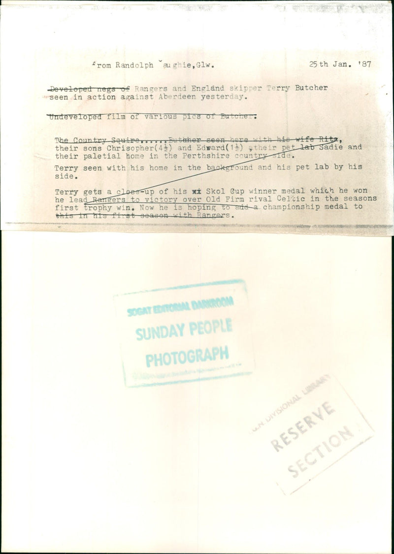 BUTCHER TERRY FOOTKALL GLASGOW RANGERI - GLW FROM RANDOLPH AGHIE, FIRST, FILM - Vintage Photograph