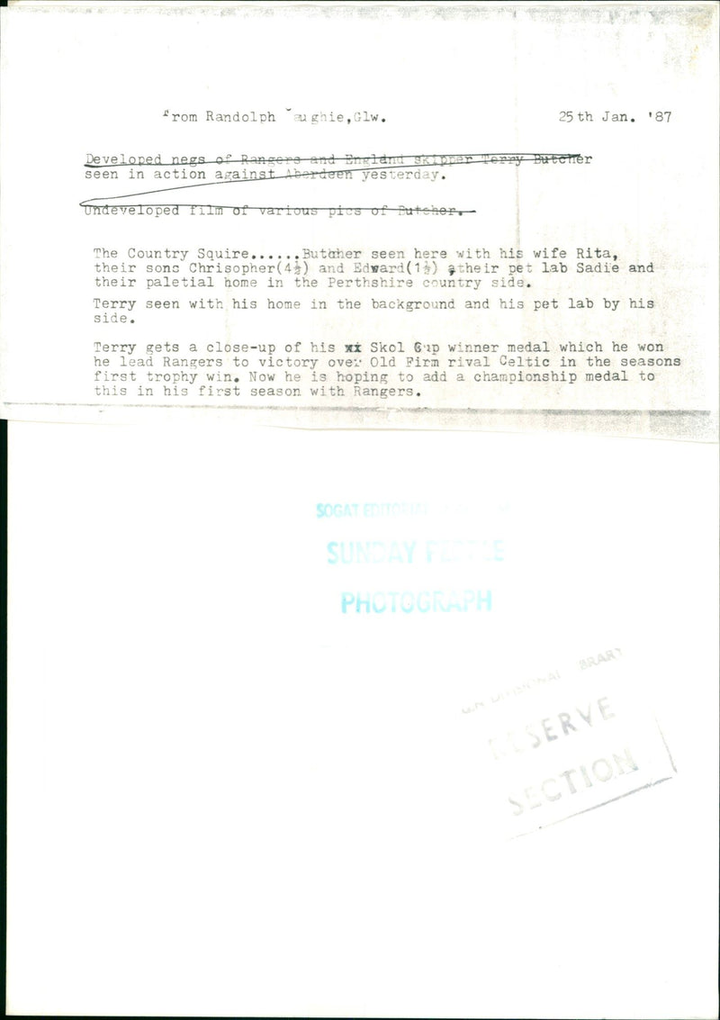 BUTCHER TERRY FOOTKALL GLASGOW RANGERI - ROM RANDOLPH GHIE, FILM, WIFE - Vintage Photograph