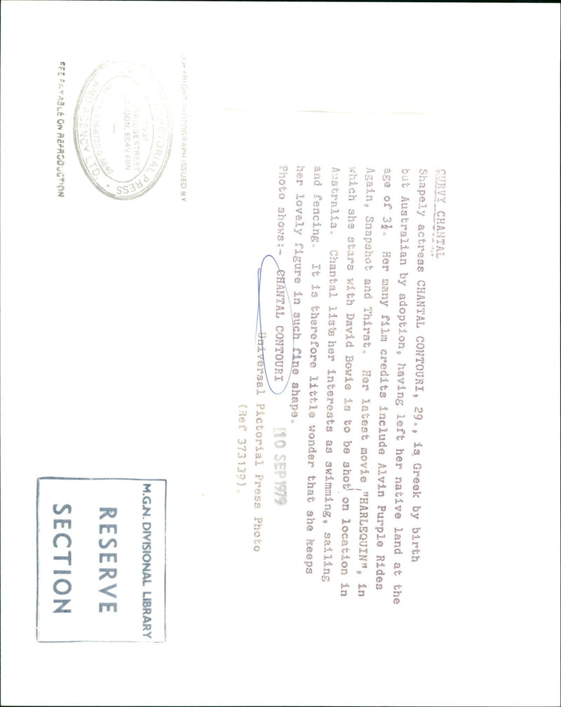 1979 - CONTOURI CHANTAL ACTRESS SHAPELY CURVY JON EGEN BOWIE DAVID, MOVIE - Vintage Photograph