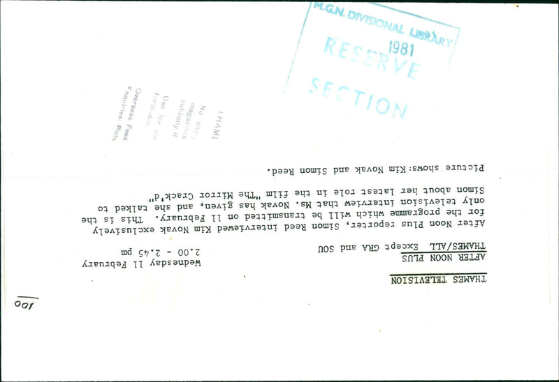 REED SON TV - AFTER THAMES TELEVISION KIM NOVAK SIMON, SHOWS, FILM - Vintage Photograph