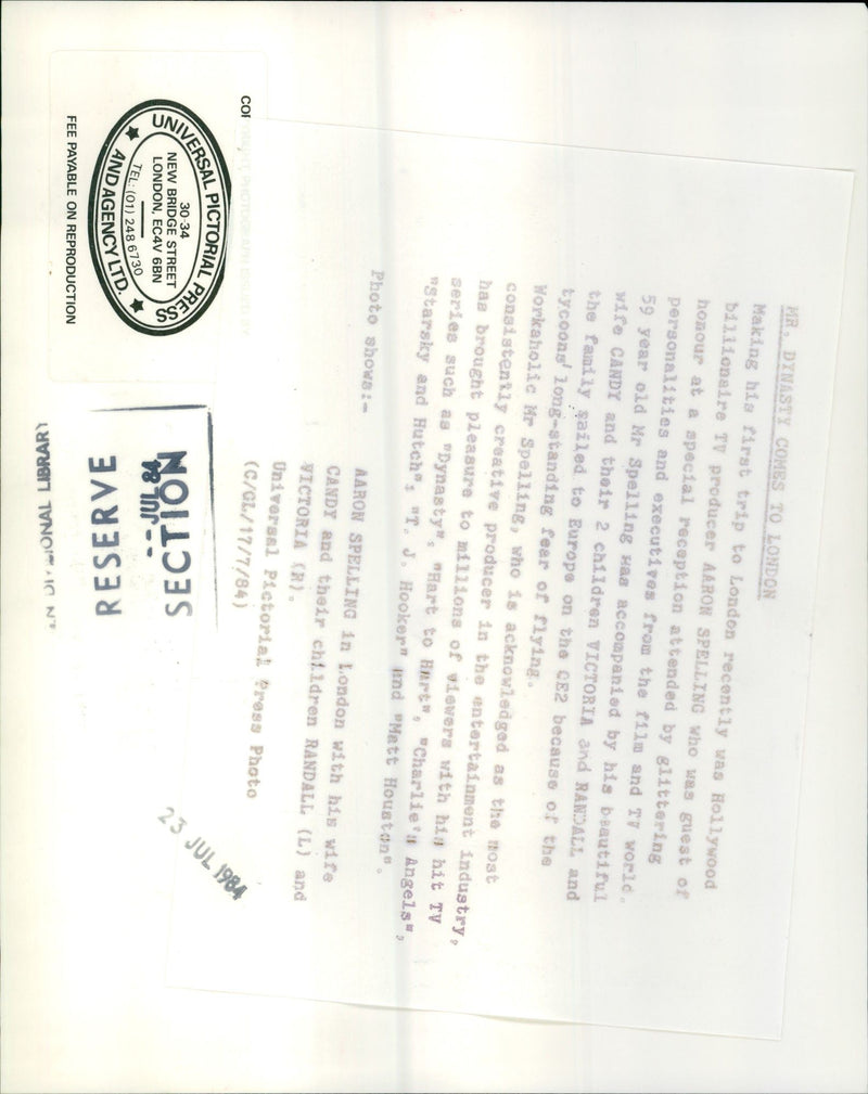 1984 - SPELLING AARON TV PROD COMES DYNASEY 1VNOMIN, LONDON, FILM, WIFE - Vintage Photograph