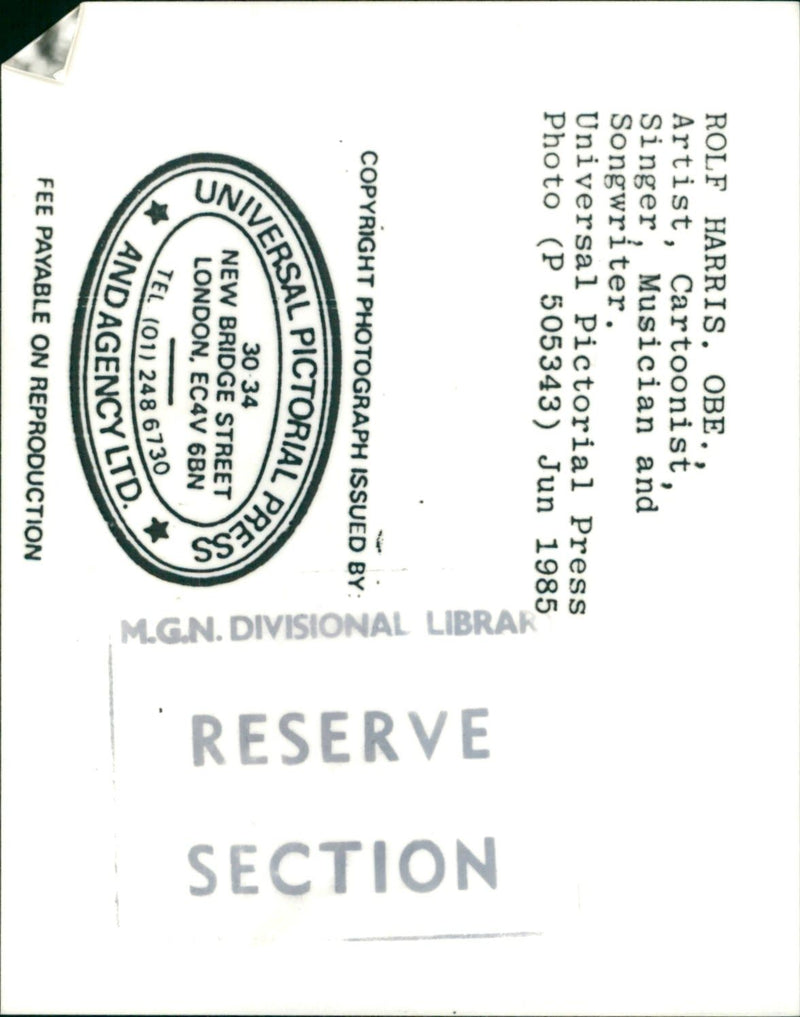 1985 - HARRIS ROLF TVI MUSIC TVI SINGER ARTIST OBE, LONDON - Vintage Photograph