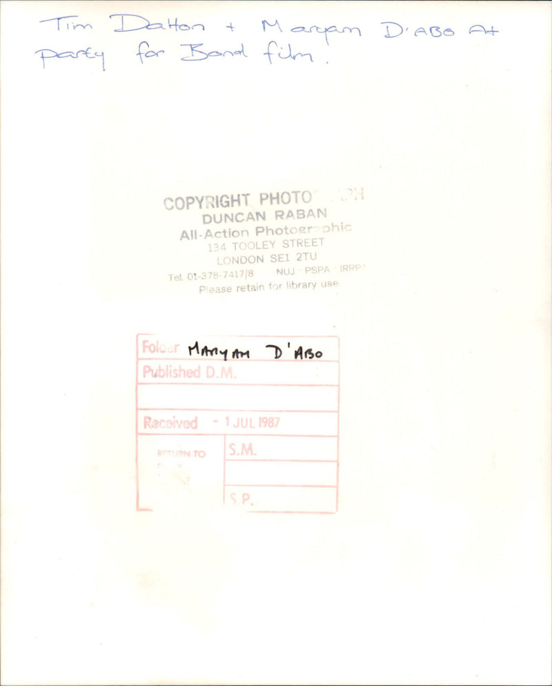 1987 - DADO DARYAN ACTRESS ARGAM DALTON TIM DABI BY DUNCAN RABAN, LONDON, FILM - Vintage Photograph