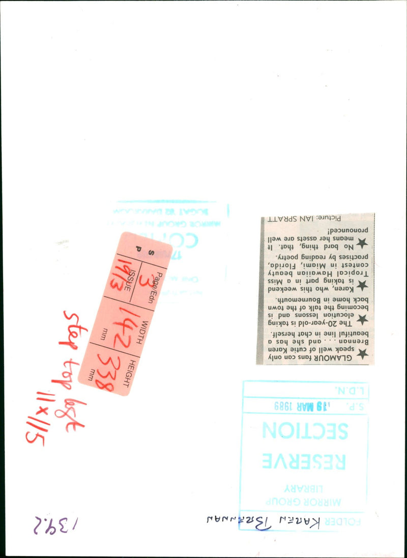 1989 - BRENNAN KAREN BRANNAN FOLDER RESERVE BY IAN SPRATT KAREN

, MISS, HOME - Vintage Photograph