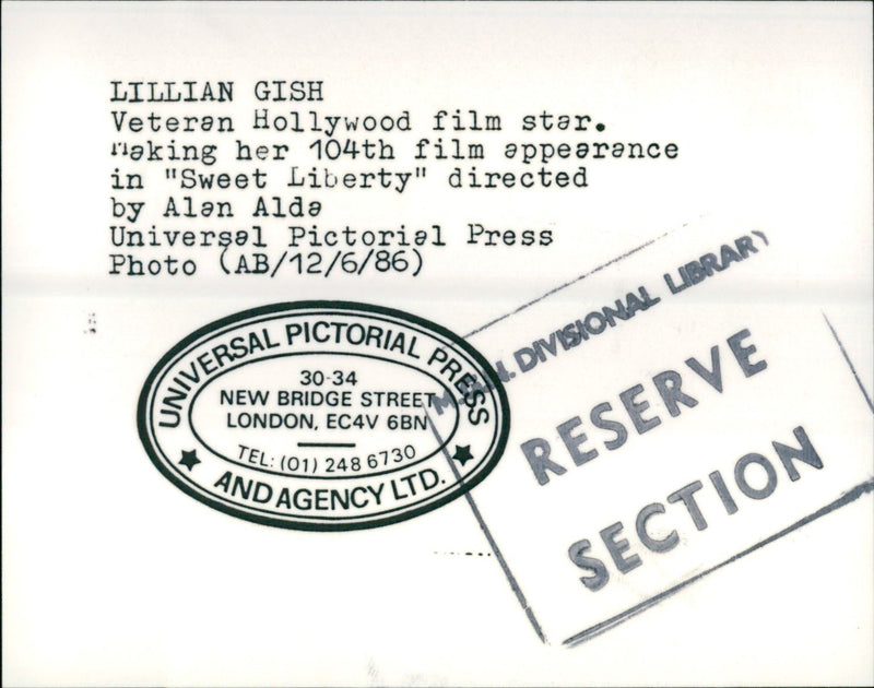 GISM LILLIAN ACTRESS - GISH HOLLYWOOD VETERAN ALDA ALAN, LONDON, FILM, PRESS - Vintage Photograph