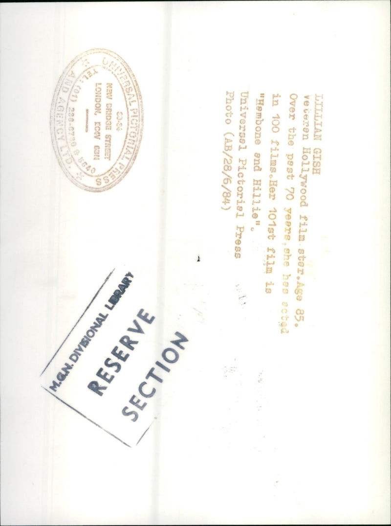 GISM LILLIAN ACTRESS - LILIAN GISE HOLLYWOOD VECERON, LONDON, FILM, PRESS - Vintage Photograph