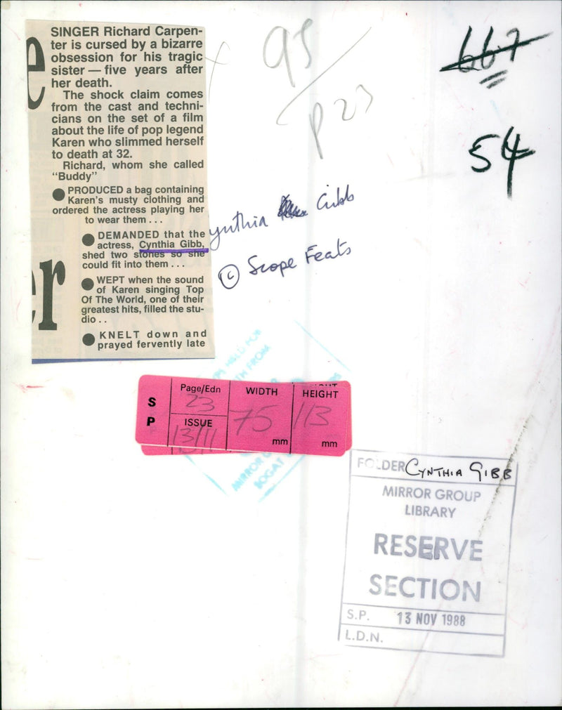 1988 - GIBB CYNTHIA RICHARD SINGER L., FILM, ACTRESS - Vintage Photograph