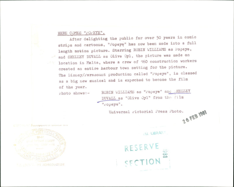 1981 - DUVALL SHELLEY COMES HERE EYE WILLIAMS ROBIN SHELLEY

, YEAR, FILM - Vintage Photograph