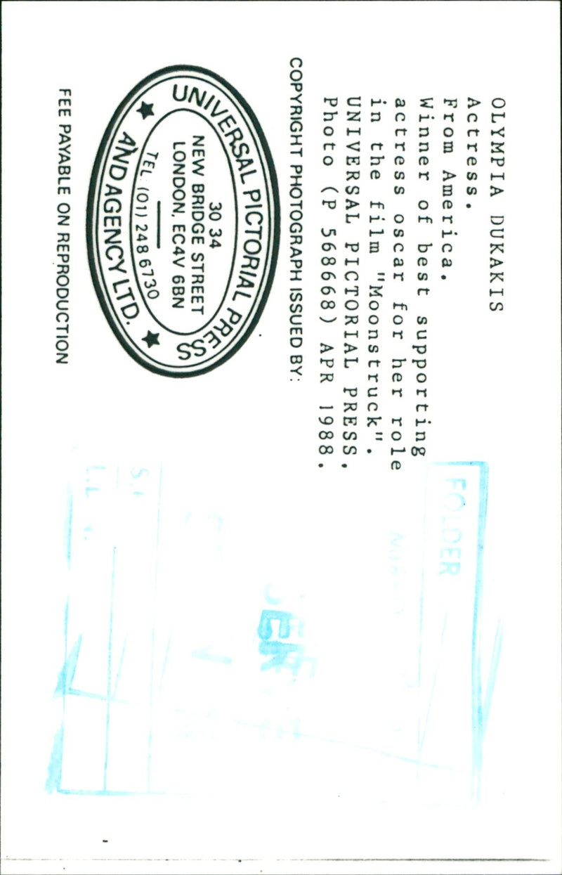 1988 - DUKAKIS OLYMPIA ACTIES FROM ACTRESS, LONDON, FILM - Vintage Photograph