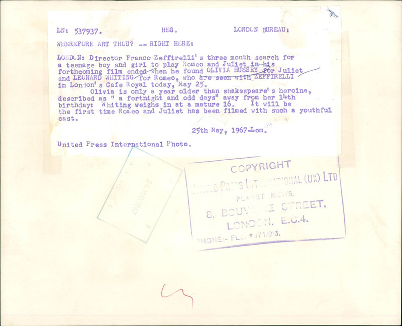 1967 - HUSSEY OLIVIA LONDON HEG BUREAU LNS ZEFFIRE111S FRANCO, DE, FILM - Vintage Photograph