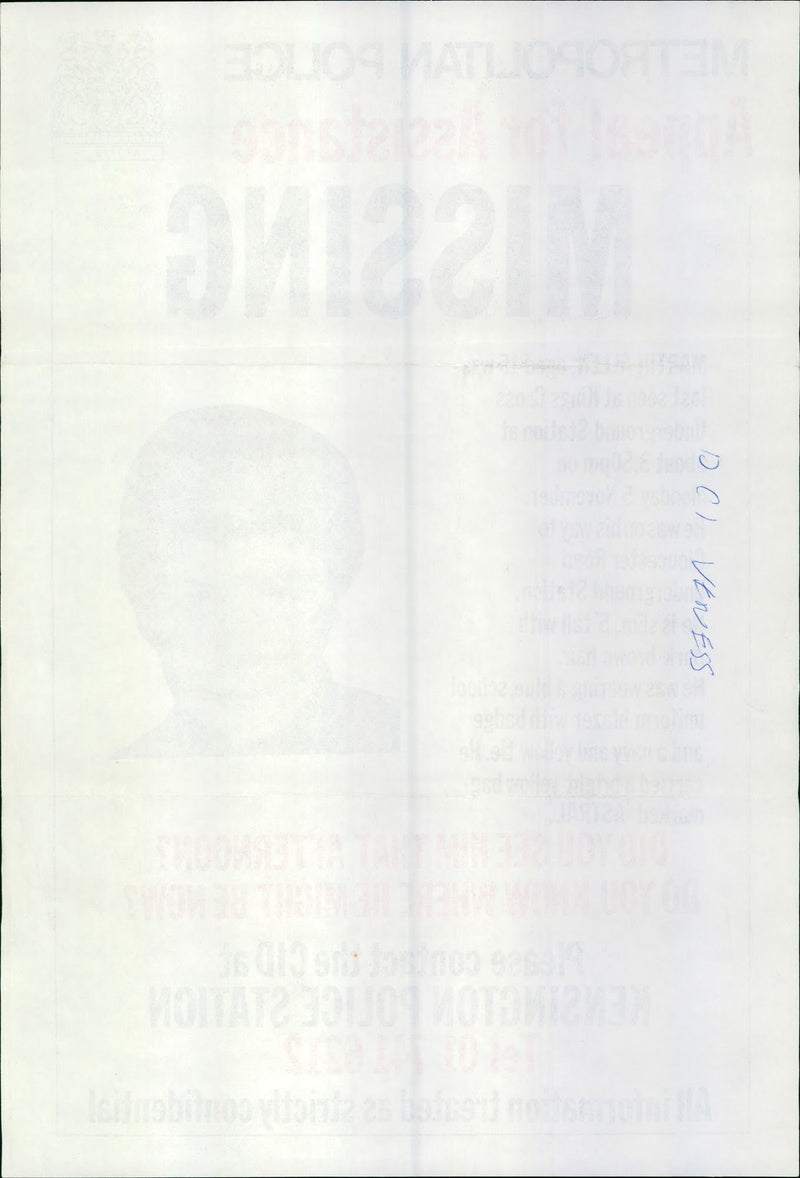 ALLEN MARTIN MISSING BOY - VENESS DCI, NAVY, POLICE, WAY - Vintage Photograph
