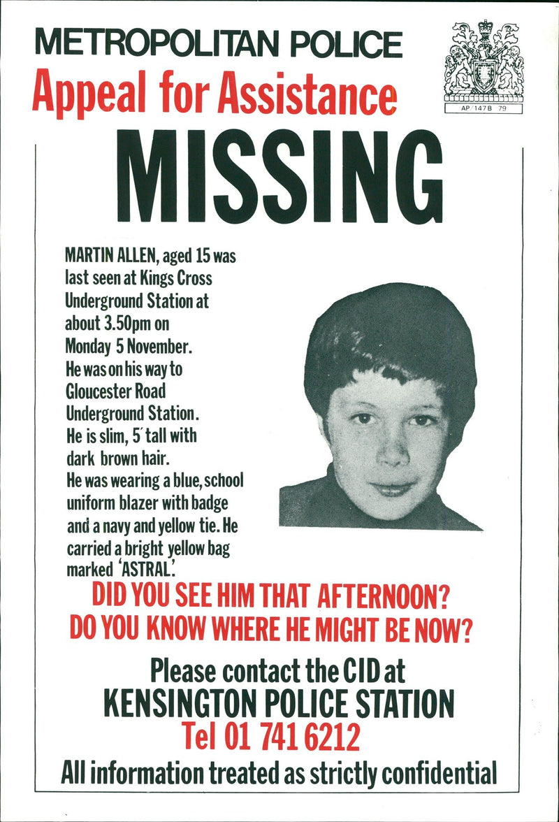 ALLEN MARTIN MISSING BOY - VENESS DCI, NAVY, POLICE, WAY - Vintage Photograph
